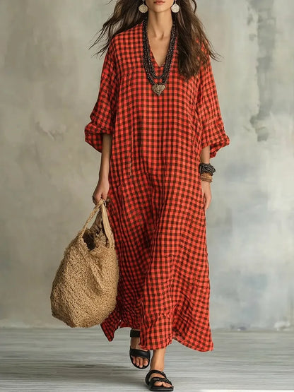 Cristina | Abito Maxi Oversize a Quadretti con Scollo a V