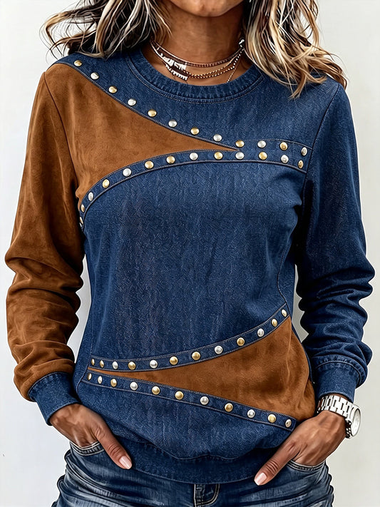 Sabrina | Maglia Girocollo Color-Block con Borchie, Blu e Cammello
