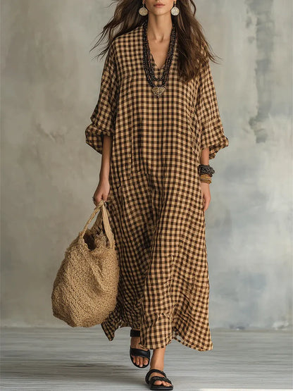 Cristina | Abito Maxi Oversize a Quadretti con Scollo a V
