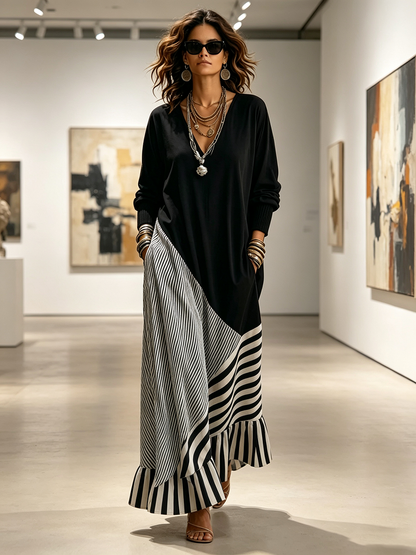 Alice | Abito Maxi Nero con Orlo a Righe Asimmetrico