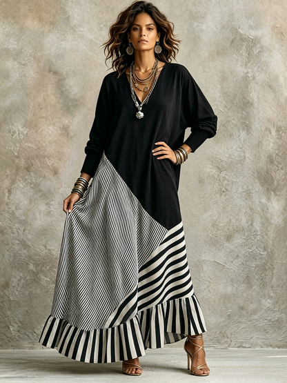 Alice | Abito Maxi Nero con Orlo a Righe Asimmetrico