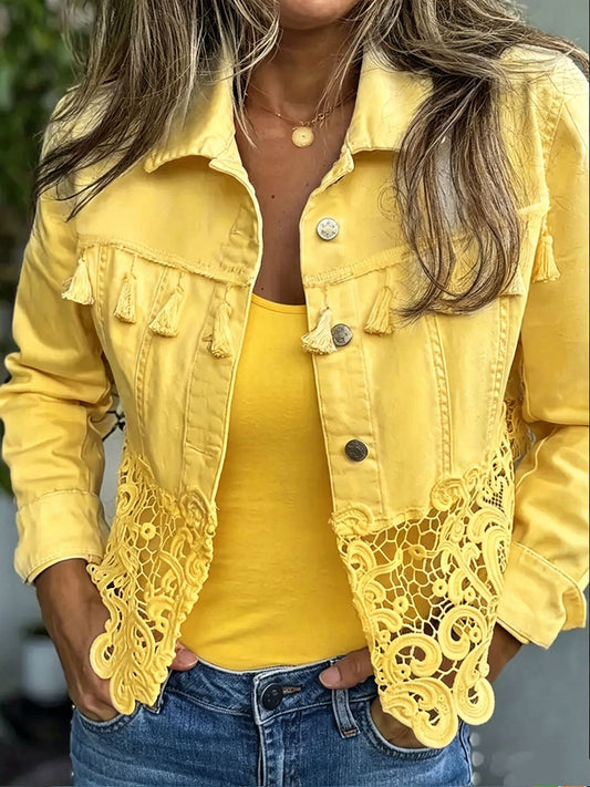 Bianca | Giacca Effetto Denim con Frange e Pizzo