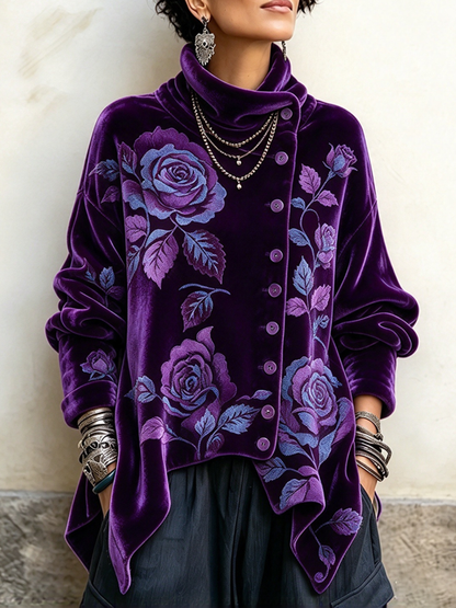 Roxane | Top in Velluto Viola con Rose e Collo Asimmetrico