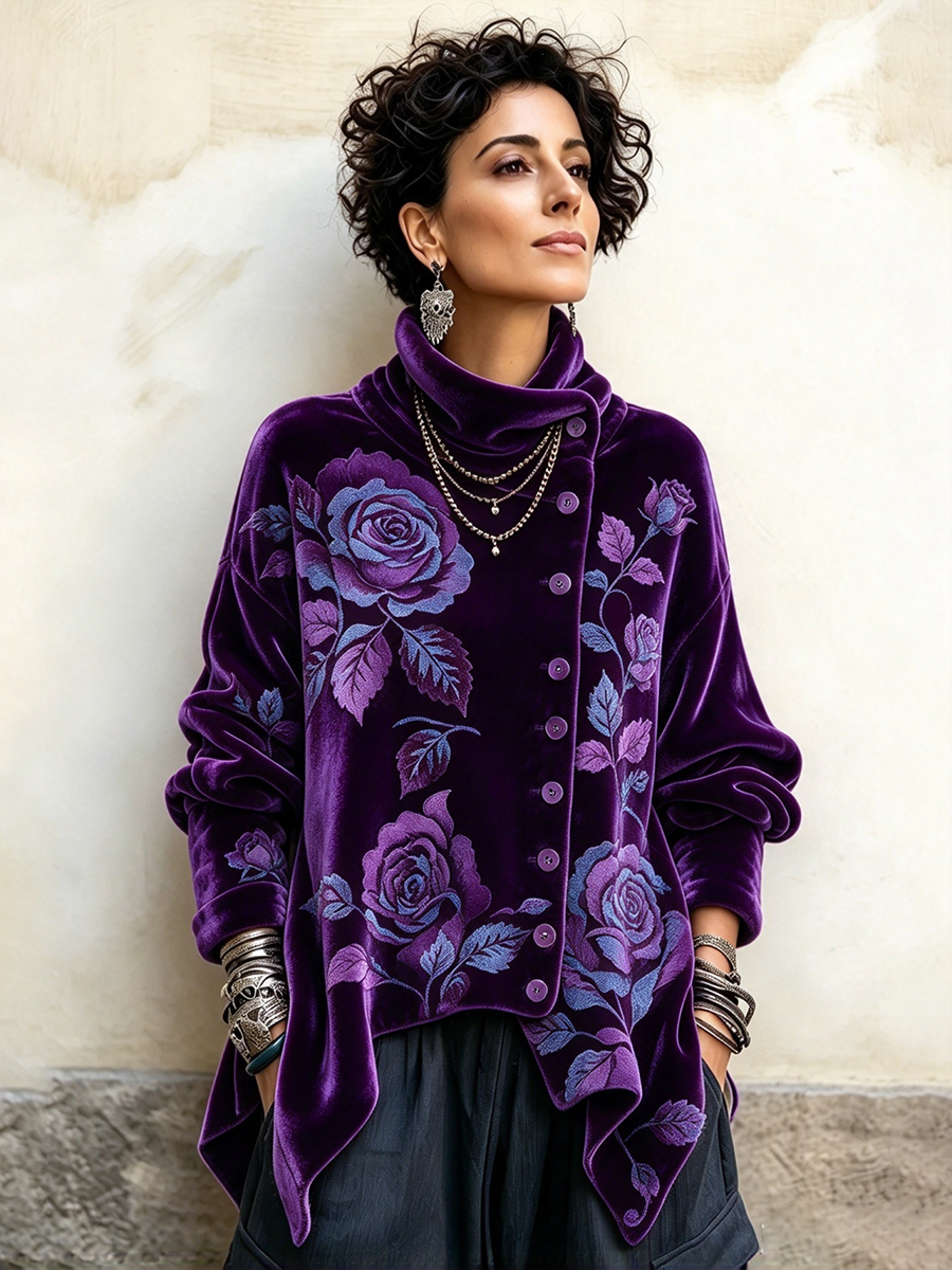 Roxane | Top in Velluto Viola con Rose e Collo Asimmetrico