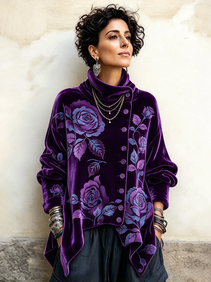 Roxane | Top in Velluto Viola con Rose e Collo Asimmetrico