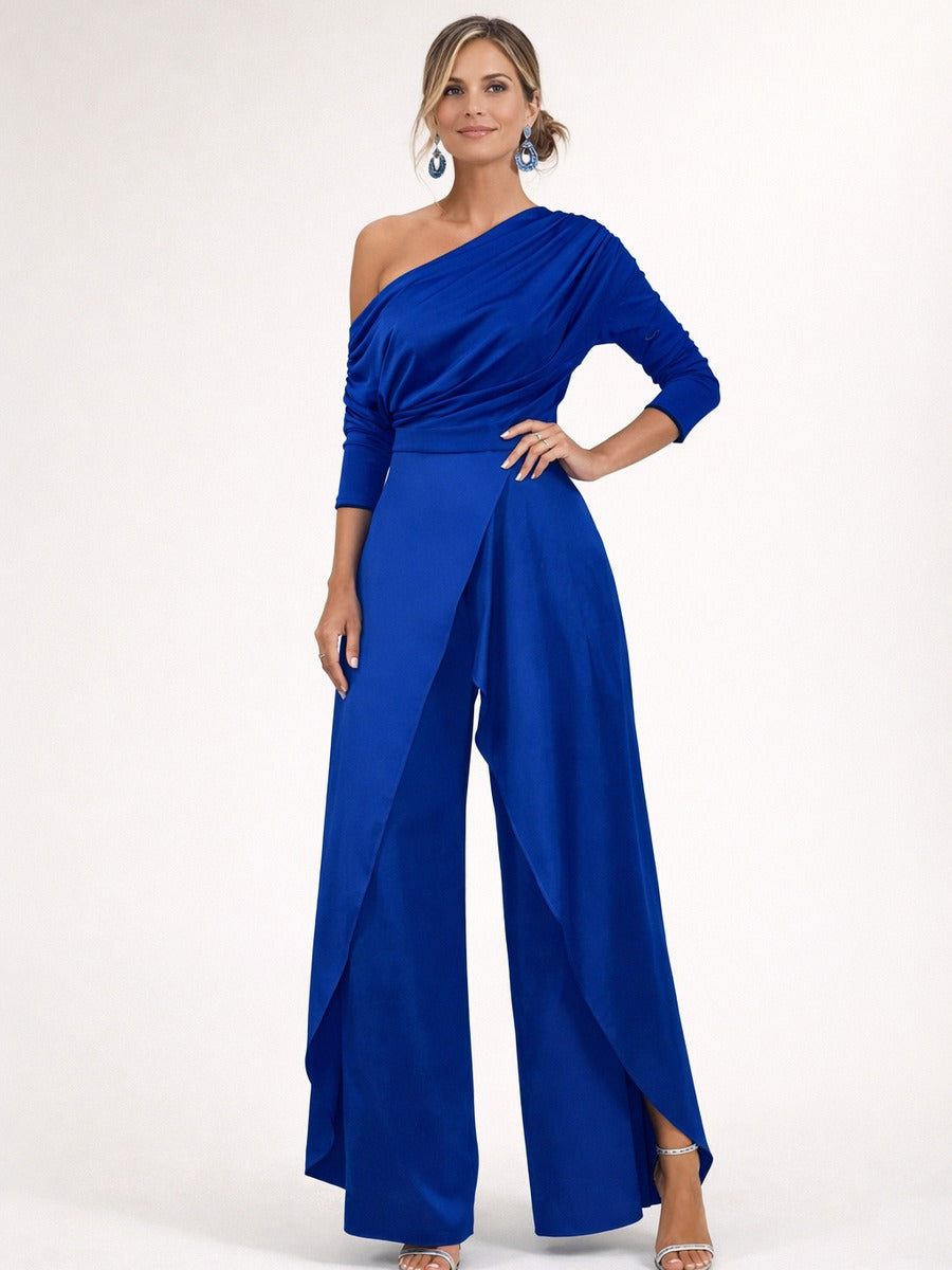 Palmira, tuta monospalla drappeggiata con sovrapposizione e spacco, Blu Royal
