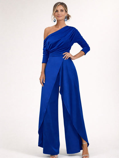 Palmira, tuta monospalla drappeggiata con sovrapposizione e spacco, Blu Royal