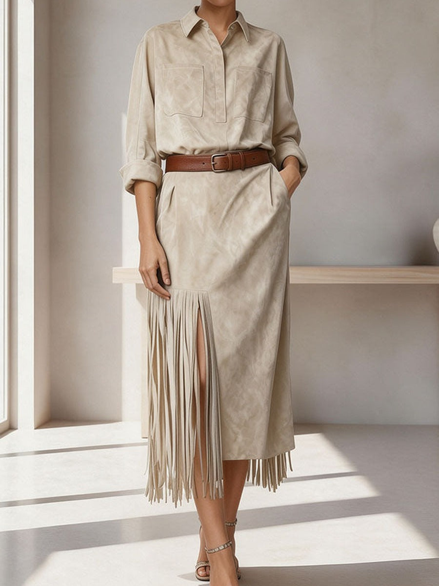 Pasqualina, abito midi camiciaio con cintura e frange sull'orlo, beige