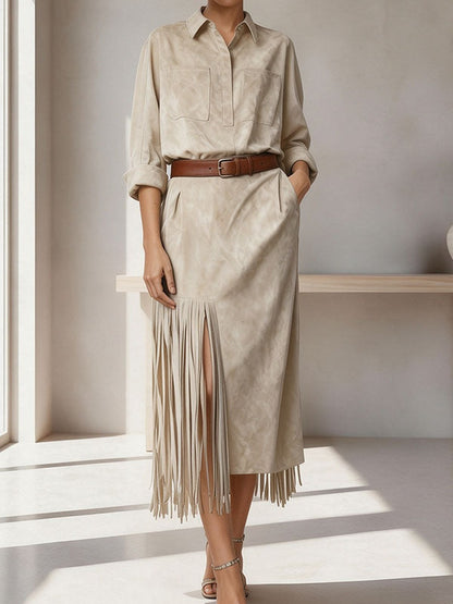 Pasqualina, abito midi camiciaio con cintura e frange sull'orlo, beige