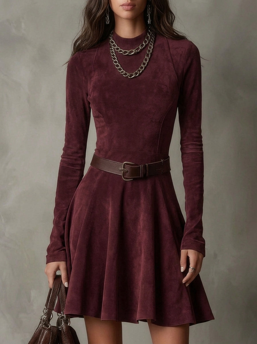 Primula — mini abito effetto suede bordeaux, dettaglio corpetto e cintura