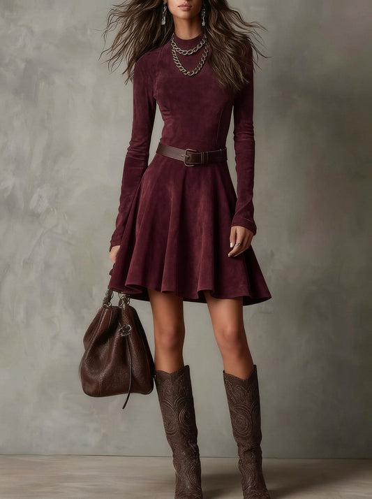 Primula | Mini abito effetto suede con cintura, Bordeaux