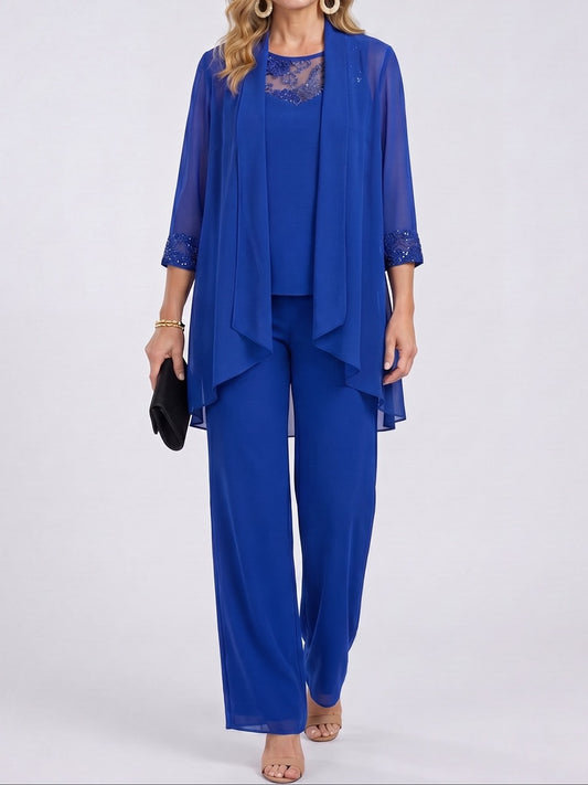 Prisca, completo tre pezzi con giacca in chiffon e pantaloni a gamba larga, blu
