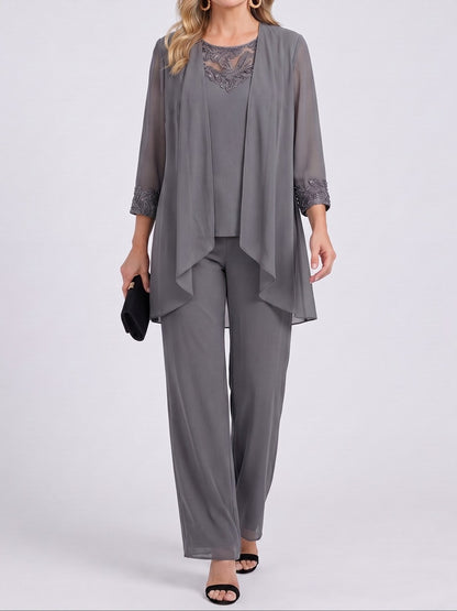 Prisca, completo tre pezzi con giacca in chiffon e pantaloni a gamba larga, grigio