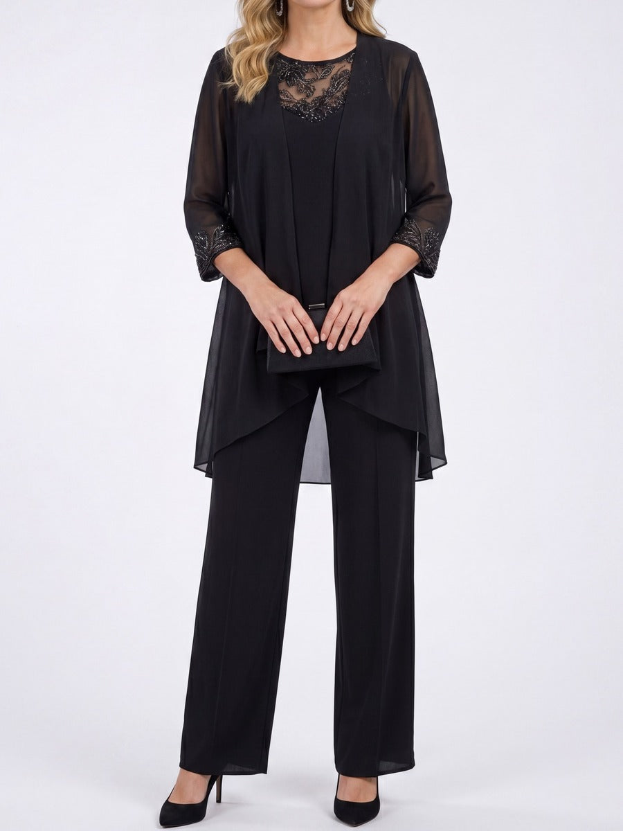 Prisca, completo tre pezzi con giacca in chiffon e pantaloni a gamba larga, nero