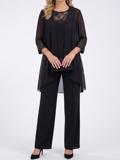 Prisca, completo tre pezzi con giacca in chiffon e pantaloni a gamba larga, nero