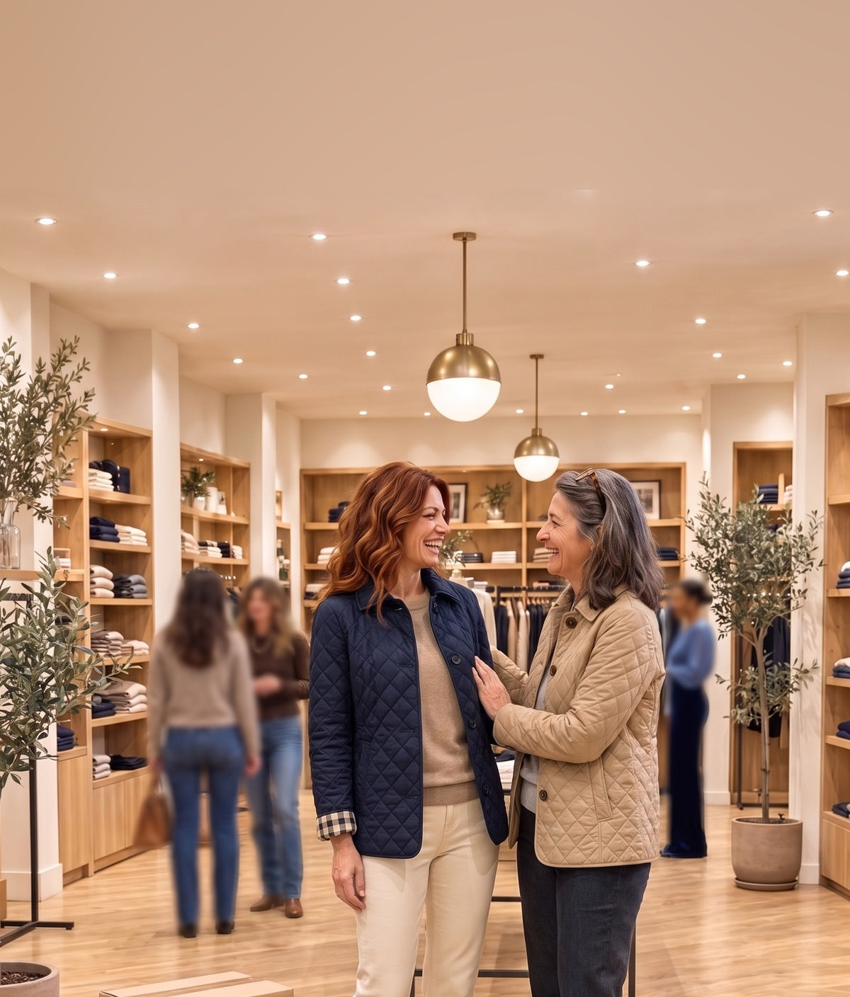 Elena e Valentina in boutique con le giacche trapuntate a rombi