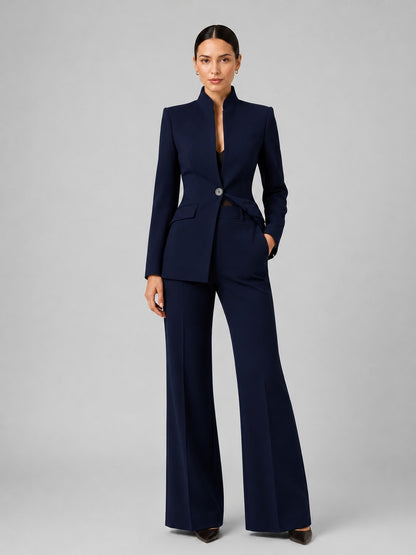 Rosamunda, completo blazer senza revers e pantaloni a zampa, blu navy