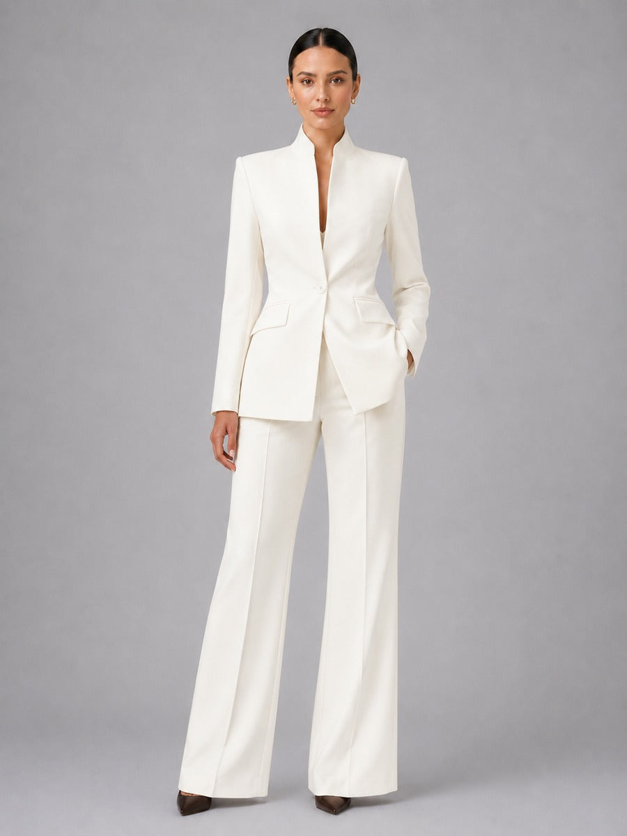 Rosamunda, completo blazer senza revers e pantaloni a zampa, crema