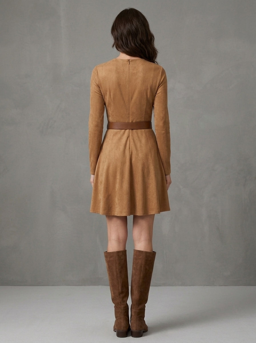 Rosita — mini abito effetto suede cammello con cintura, vista posteriore