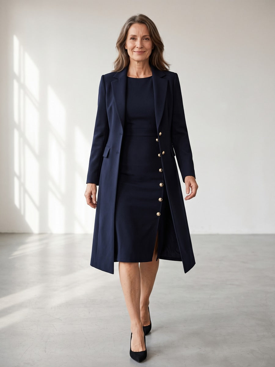 Santina, completo blazer lungo e abito senza maniche con bottoni dorati, blu navy, frontale