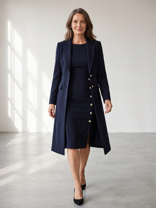Santina, completo blazer lungo e abito senza maniche con bottoni dorati, blu navy, frontale