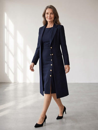 Santina, completo blazer lungo e abito senza maniche con bottoni dorati, blu navy, tre quarti