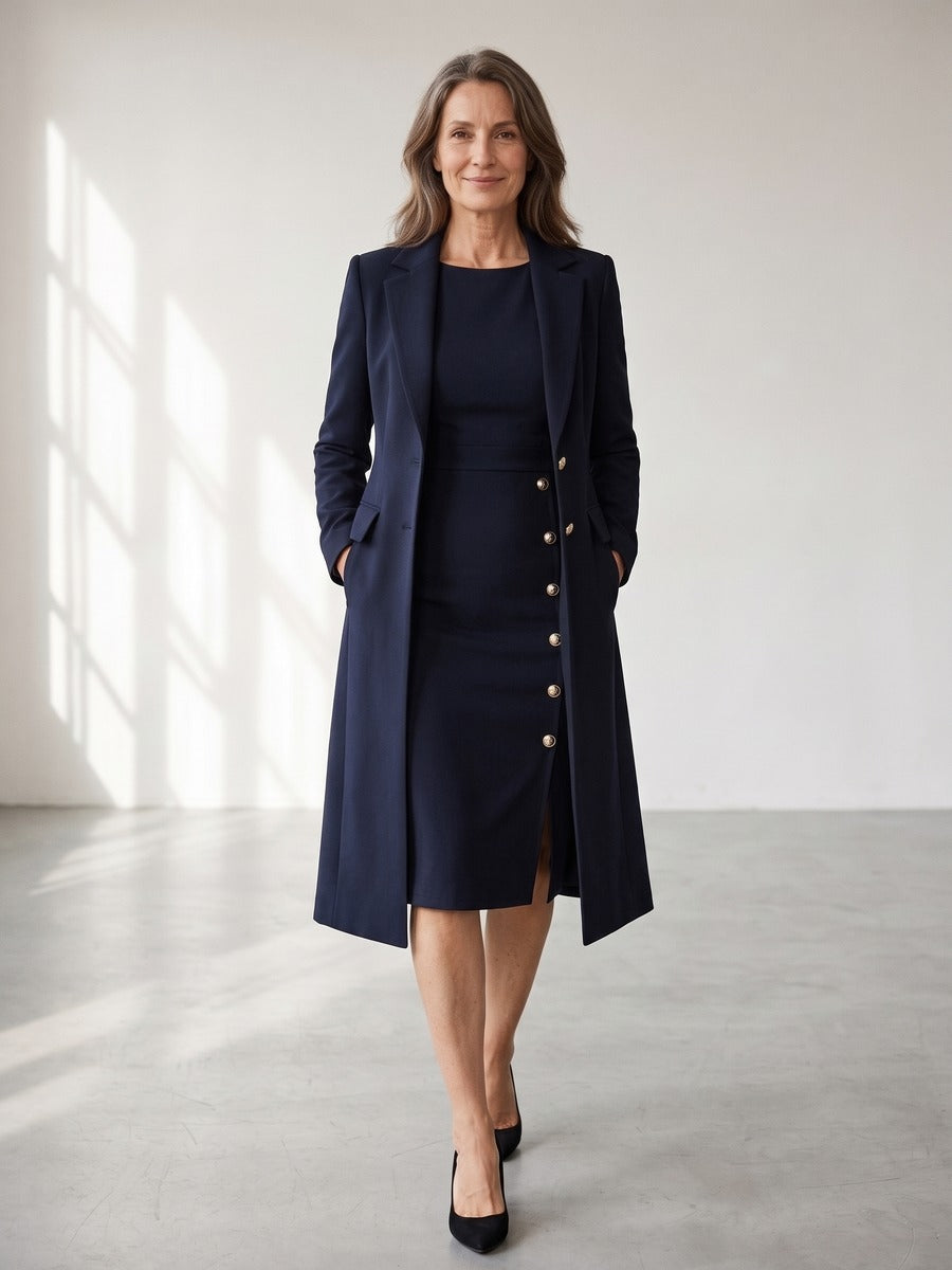 Santina, completo blazer lungo e abito senza maniche con bottoni dorati, blu navy, mani in tasca