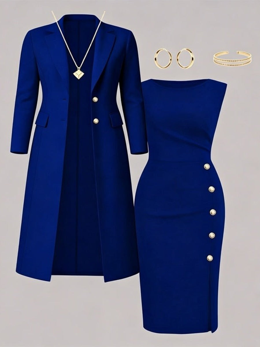 Santina, completo blazer lungo e abito senza maniche con bottoni dorati, blu