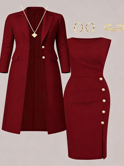 Santina, completo blazer lungo e abito senza maniche con bottoni dorati, bordeaux