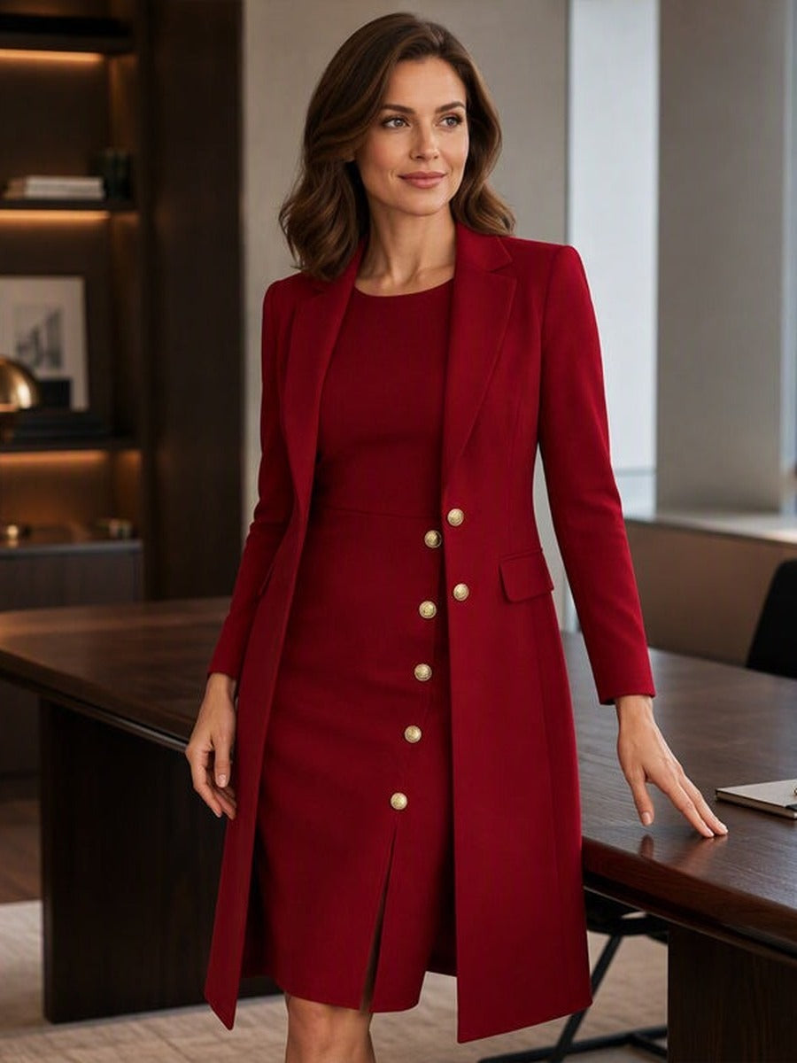 Santina, completo blazer lungo e abito senza maniche con bottoni dorati, look indossato
