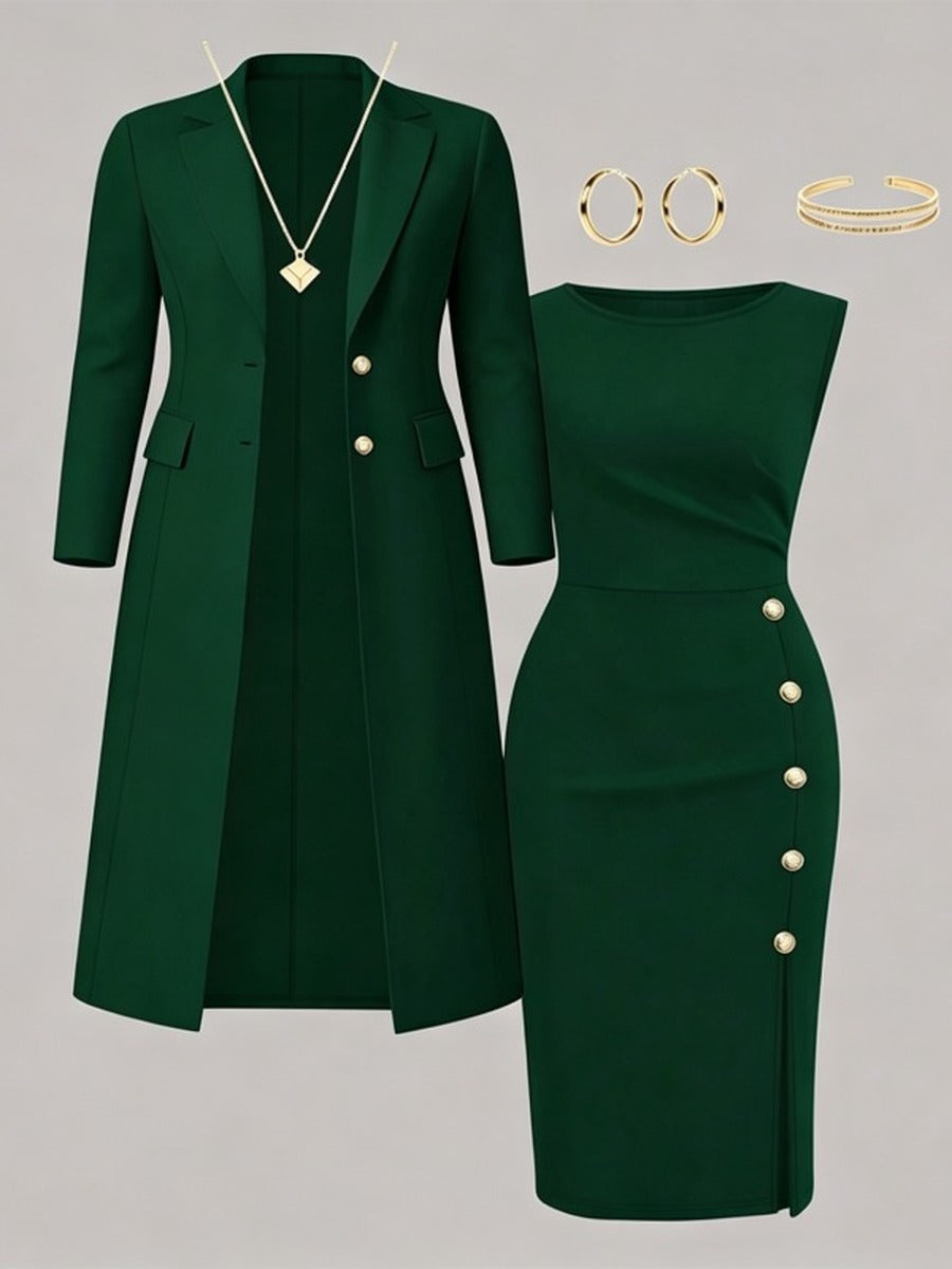 Santina, completo blazer lungo e abito senza maniche con bottoni dorati, verde bosco