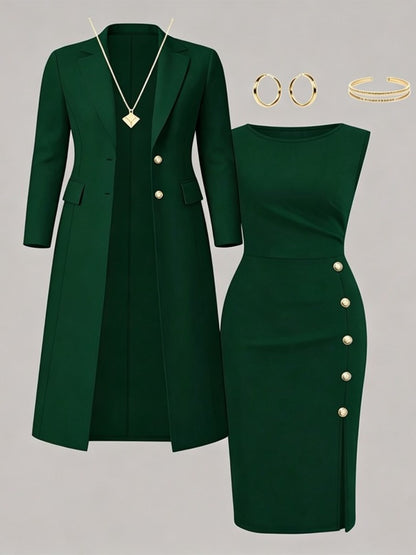 Santina, completo blazer lungo e abito senza maniche con bottoni dorati, verde bosco