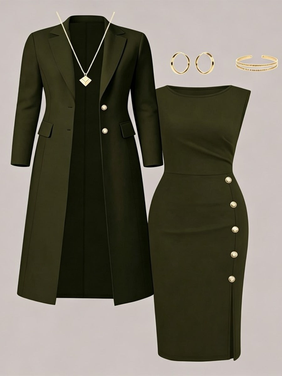 Santina, completo blazer lungo e abito senza maniche con bottoni dorati, verde oliva