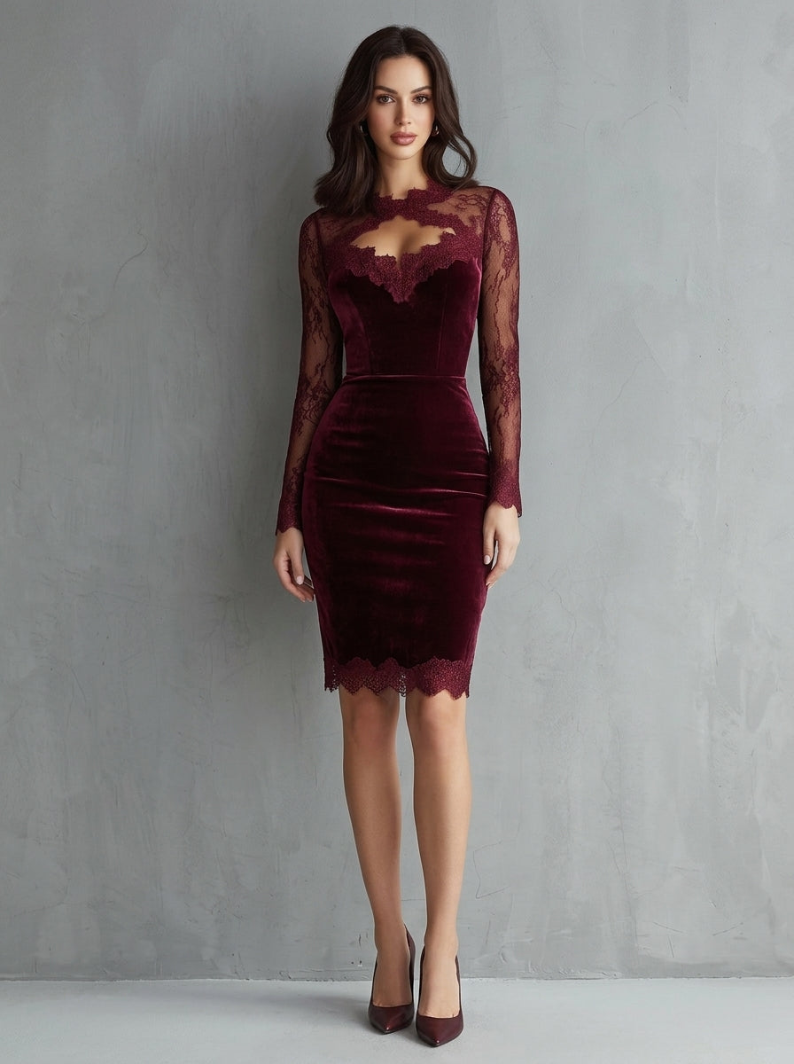Sidonia — mini abito in velluto bordeaux con maniche e scollo in pizzo, vista frontale