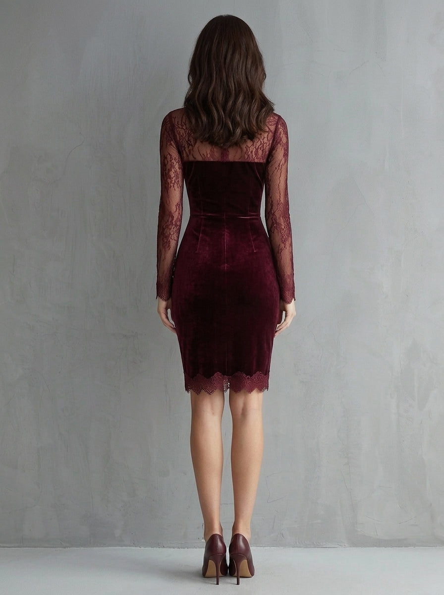 Sidonia — mini abito in velluto bordeaux con maniche in pizzo, vista posteriore