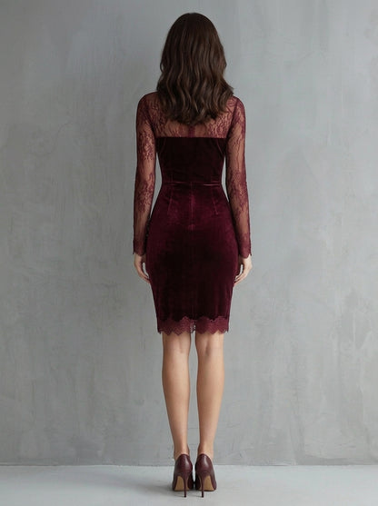 Sidonia — mini abito in velluto bordeaux con maniche in pizzo, vista posteriore