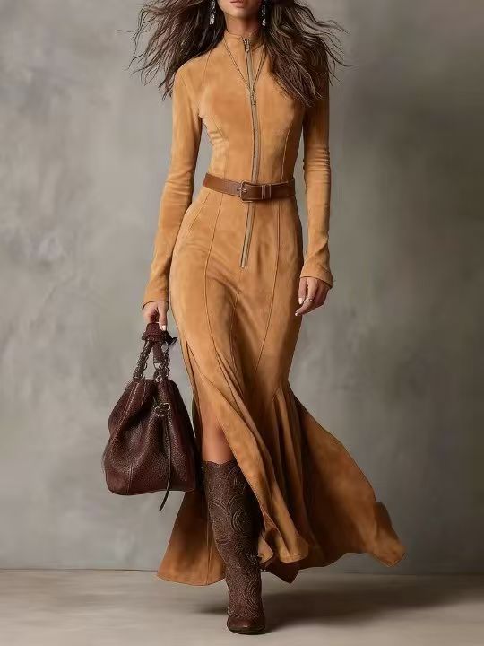 Gigliola – abito lungo effetto suede cammello con zip e cintura, vista frontale