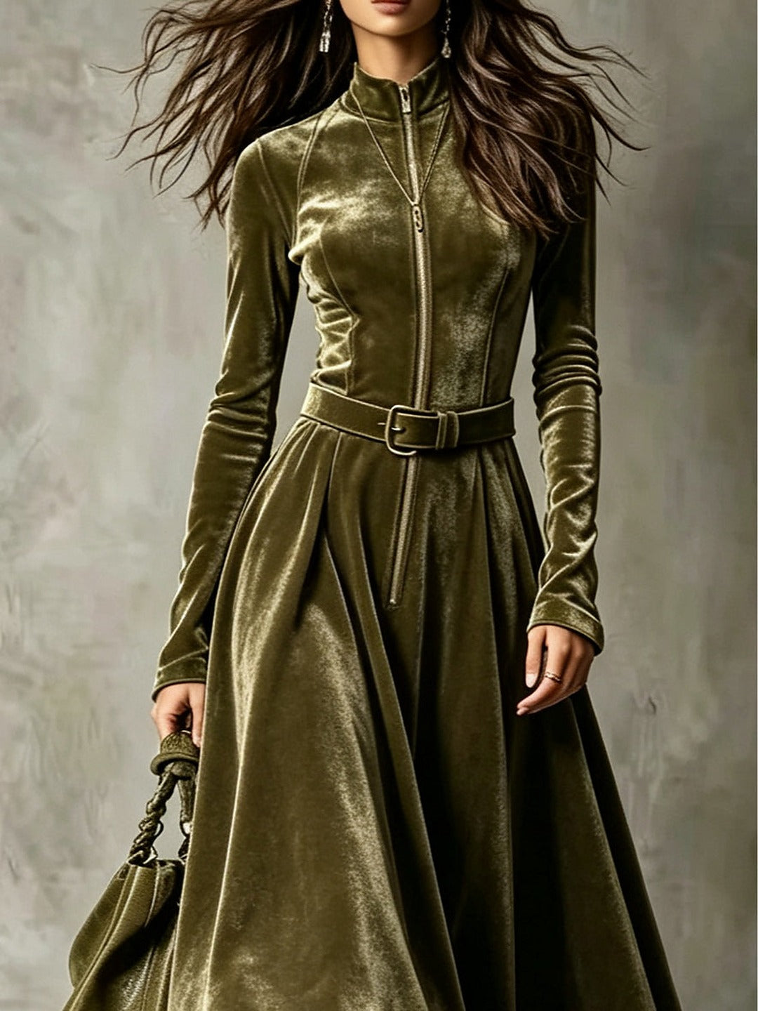 Smeralda, abito maxi in velluto verde oliva con zip e cintura