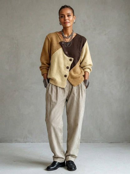Tarsilla — cardigan color-block in maglia cammello e crema, vista frontale