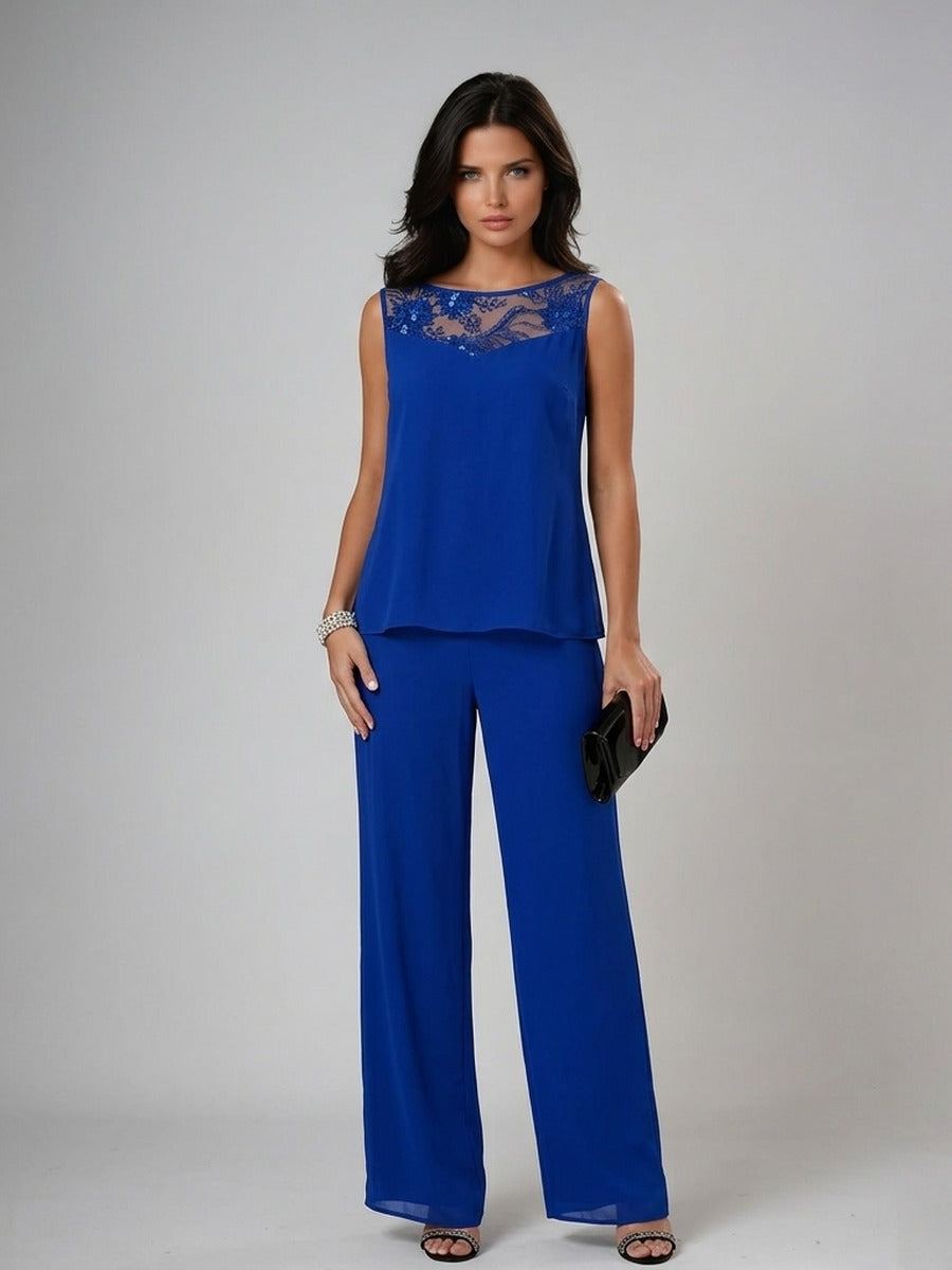 Teodolinda, top senza maniche con inserto ricamato e pantaloni a gamba larga blu royal, senza cardigan