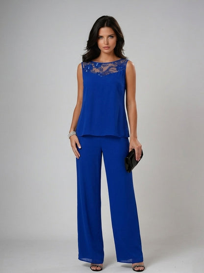 Teodolinda, top senza maniche con inserto ricamato e pantaloni a gamba larga blu royal, senza cardigan