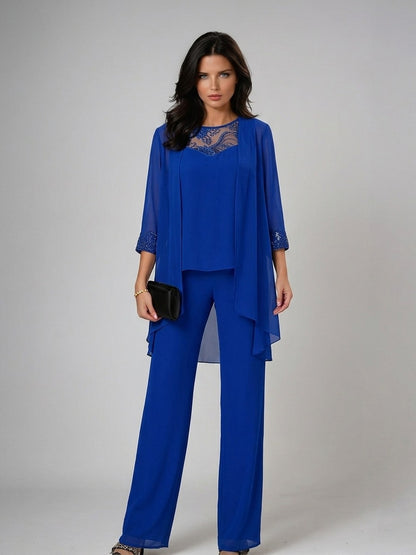 Teodolinda, completo tre pezzi con cardigan in chiffon e ricami di perline, blu royal