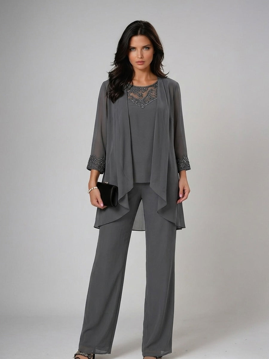 Teodolinda, completo tre pezzi con cardigan in chiffon e ricami di perline, grigio
