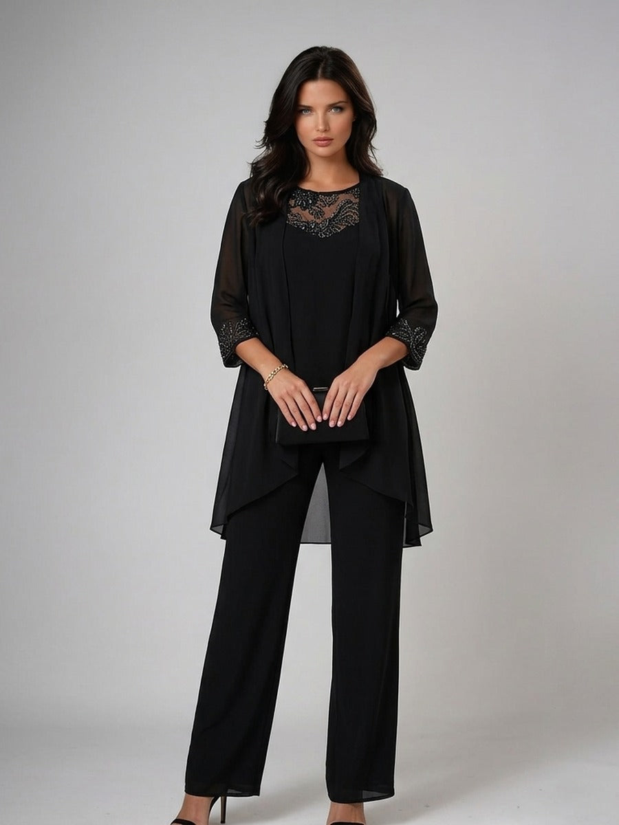 Teodolinda, completo tre pezzi con cardigan in chiffon e ricami di perline, nero