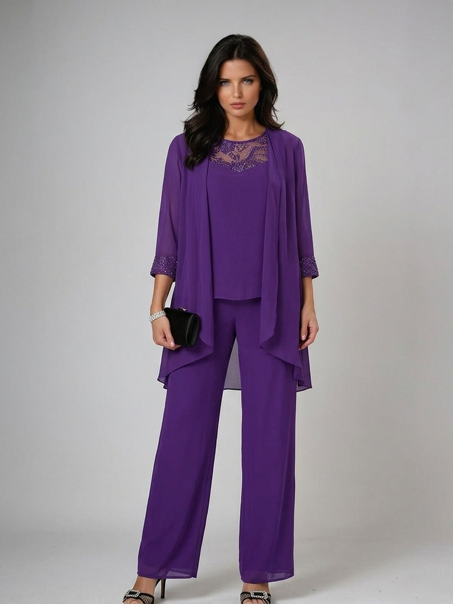 Teodolinda, completo tre pezzi con cardigan in chiffon e ricami di perline, viola