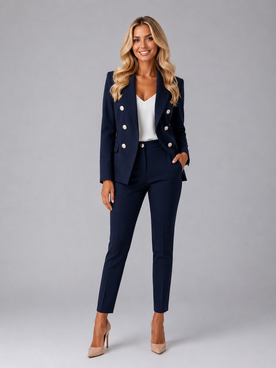 Verdiana, tailleur doppiopetto con revers a lancia e pantaloni alla caviglia, blu navy