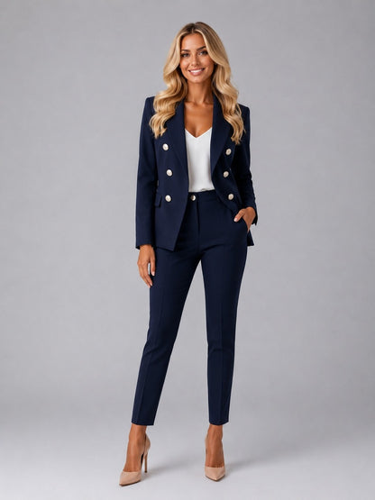Verdiana, tailleur doppiopetto con revers a lancia e pantaloni alla caviglia, blu navy