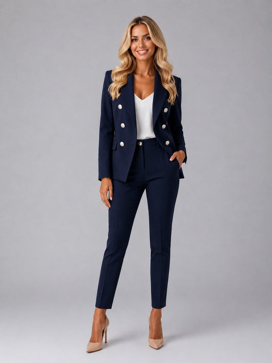Verdiana, tailleur doppiopetto con revers a lancia e pantaloni alla caviglia, blu navy