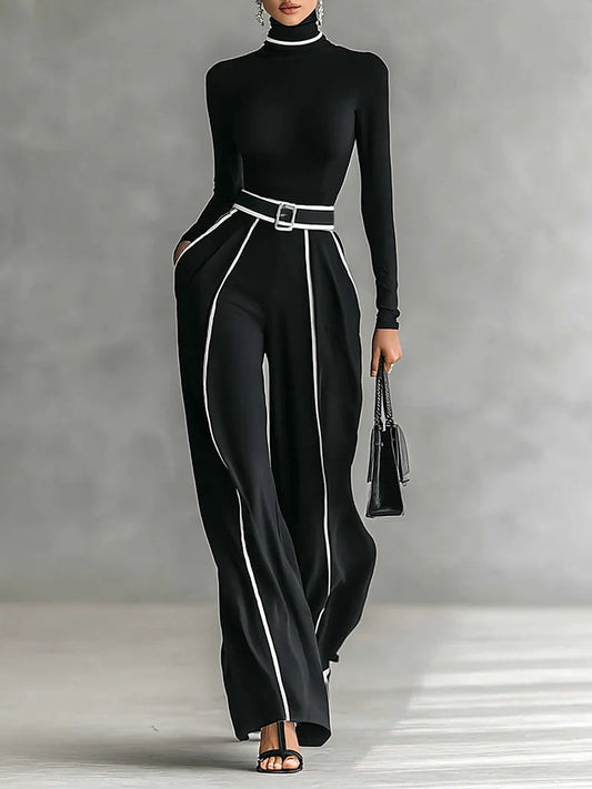 Nicoletta | Completo Elegante Collo Alto e Pantalone Ampio, Nero – foto 1