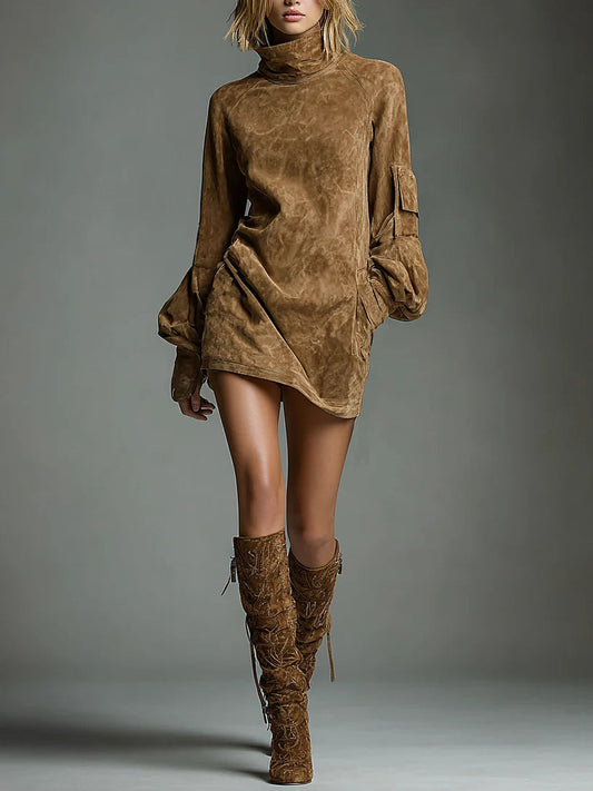Bibiane | Mini Abito Oversize in Suede con Collo Alto, Marrone – foto 1